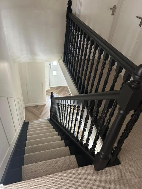 Black And White Staircase Ideas, Black Victorian Staircase, Black Stairs Hallway, Hallway Black Banister, Black Stair Banister, Black Bannister Ideas, Dark Painted Staircase, Charcoal Staircase, Dark Grey Staircase