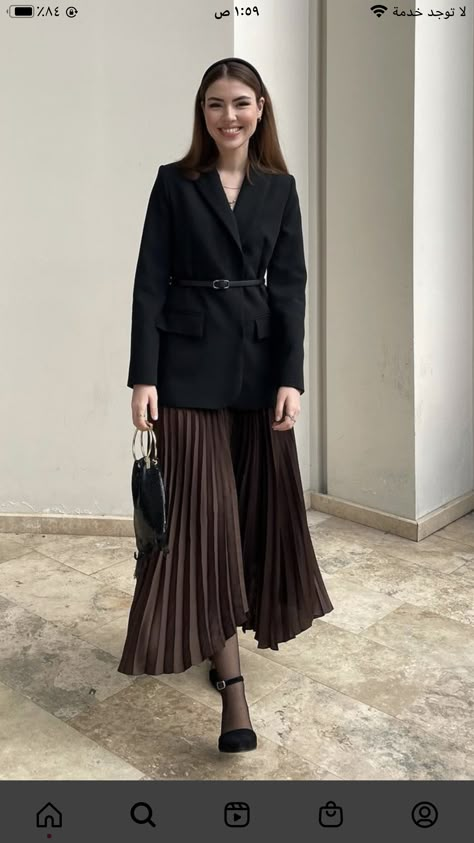 Long Skirt And Coat Outfit, Skirt And Jacket Outfit Classy, Maxi Skirt And Blazer Outfits, Formal Modest Outfits Hijab, Long Skirt With Boots Outfit Winter, Asian Fall Outfits, Hijab Classy Outfits, Hijabi Work Outfits, Skirt And Jacket Outfit