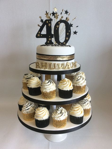 50th Bday Cupcakes For Men, 40th Bday Cupcakes For Men, 40th Birthday Black And Gold Party Ideas, 40th Man Birthday Cake, Birthday Cake And Cupcakes Display, Black And Gold 50th Birthday Cake For Men, 80 Birthday Cupcakes, Cupcake 40th Birthday, 40th Birthday For Men Decoration