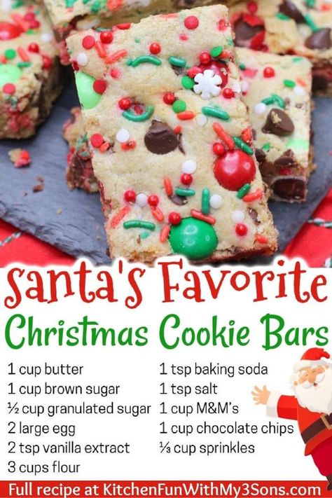 Mommy Needs A Recipe!! | Santa’s favorite cookies | Facebook Christmas Cookie Bars, Dessert Christmas, Christmas Baking Recipes, Christmas Sprinkles, Christmas Candy Recipes, Christmas Foods, Christmas Food Desserts, Cookie Bar Recipes, Xmas Cookies