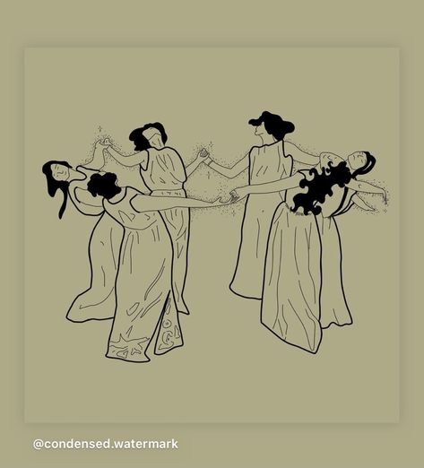 Witchy women holding hands in long vintage dresses dance together in a circle and prayer Witchy Art Nouveau, Witch Circle Tattoo, Wild Women Tattoo, Dancing Witches Tattoo, Women Dancing In A Circle, Women Dancing Tattoo, Dancing Women Tattoo, Dancing Tattoo, Witches Dance