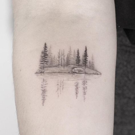 Minimal landscape tattoo by Lindsay April #LindsayApril #lindsayapriltattoo #landscapetattoo #fineline #minimal #blackandgrey #small #landscape #reflection #trees #forest #sea #lake #nature | May 9th 2018 | 532282 Creation Tattoo Ideas, Landscape Tattoos, Loon Tattoo, Reflection Tattoo, Small Nature Tattoo, Natur Tattoo Arm, Scenery Tattoo, Tree Tattoo Back, Lake Tattoo