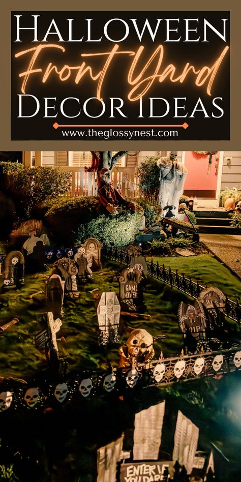 Want to have the most festive Halloween yard on the block?  Turn your place into a haunted house with these top Halloween front yard ideas!  Including Halloween front yard decorations with graveyards, cemetery, ghosts, witches, inflatables, blow ups, circus, carnival, clowns, lights, maze, pumpkins, jack-o-lanterns, skeletons, hocus pocus, spiders, signs, arches, aliens & more!  Create a cute, funny, creepy, classy, scary, spooky, unique or vintage Halloween front yard display with these ideas! Halloween Carport Decorations, Front Yard Graveyard Halloween Ideas, Scary Front Yard Halloween Ideas, Halloween Decor Themes Outdoor, Halloween Cemetery Decorations, Halloween Yard Cemetery Ideas, Cemetery Halloween Ideas, Halloween Yard Displays Ideas, Haunted Cemetery Ideas