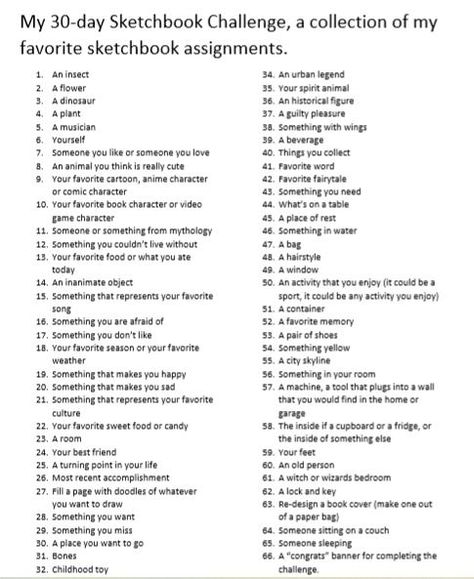 Everyday Art Challenge, Month Long Art Challenge, Sketch Prompts Sketchbook Assignments, Sketch Everyday Challenge, List Of Art Ideas, Pencil Cat 30 Day Art Challenge, Improve Your Art Challenge, 30 Day Sketchbook Challenge, Everyday Drawing Challenge