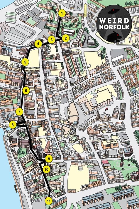 A map for "Strange Stroll in King's Lynn" highlighting all the locations in King's Lynn, West Norfolk. Bride Of Dracula, Witch's Heart, King's Lynn, Tudor House, Number 9, S Heart, The Tudor, Town Hall, A Witch