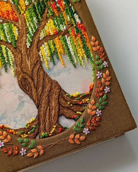 Willow tree. 🍂 After a week of heavy rain and flooding, I’m hoping for better weather soon. Stay safe, everyone. ☔ #handembroidery #autumn #fall #embroidery #journal #bookcover Embroidery Willow Tree, Willow Tree Embroidery, Rain Embroidery, Willow Embroidery, Embroidered Journal, Embroidery Journal, Flower Jacket, Stay Safe Everyone, Fall Embroidery