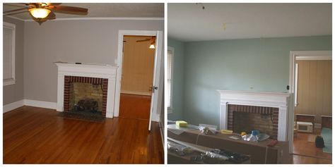 SW Copen Blue on right Sw Copen Blue, Copen Blue, Blue Pictures, Paint Colors, Fireplace, Paint, Blue, Color, Home Decor