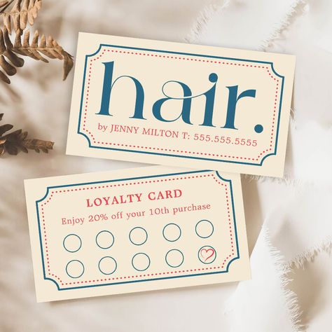 Loyalty Cards Ideas Beauty Salons, Nail Salon Loyalty Card, Loyalty Club Card, Hair Salon Loyalty Cards, Stamp Card Loyalty, Loyalty Card Design, Hairstylist Business Cards, Stylist Business Cards, Retro Beauty