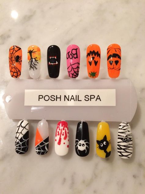 nails designs, posh nail spa Brush Work Nail Art Designs, Brush Work Nail Art, Halloween Fall Nails, Halloween Inktober, 22 Nails, Nails For Halloween, Nail Halloween, Nail Art Display, Posh Nails