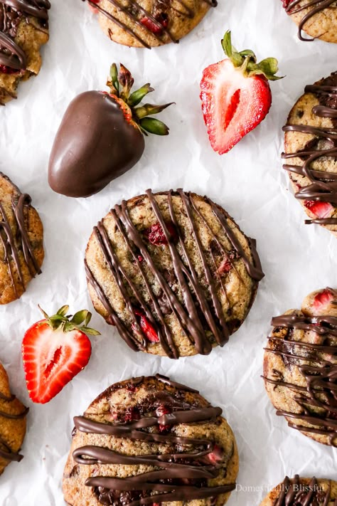 Cookies With Chocolate Drizzle, Chocolate Chip Strawberry Cookies, Mixed Berry Cookies, Valentines Cookies Chocolate, Dried Strawberry Cookies, Dark Chocolate Strawberries, Gourmet Valentines Cookies, Strawberry Chocolate Cookies, Chocolate Covered Strawberry Cookies