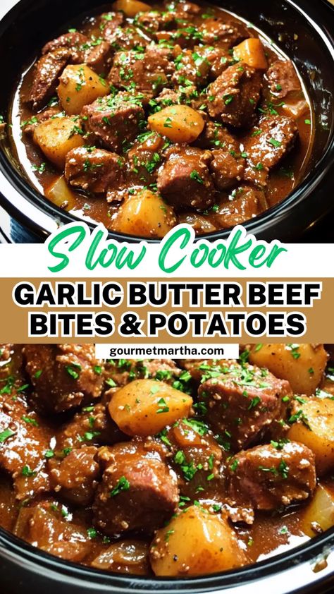 This slow cooker garlic butter beef bites & potatoes dish is bursting with rich, savory flavors. Juicy, tender beef paired with buttery, garlicky potatoes makes it the perfect one-pot meal for any day of the week. Easy to prepare and impossible to resist! Don’t miss out on this delicious recipe #slowcookerrecipes #garlicbutter #beefrecipes #potatorecipes #onepotmeals #comfortfood #easymeals #weeknightdinner Crock Pot Garlic Butter Beef Bites, Garlic Potatoes And Steak Bites Crockpot, Slow Cooker Beef Bites And Potatoes, Garlic Beef And Potatoes, Steak Bites Potatoes Crockpot, Slow Cooker Garlic Steak And Potatoes, Buttery Steak And Potatoes Crock Pot, Slow Cooker Garlic Butter Beef Bites With Potatoes, Unique Crockpot Meals