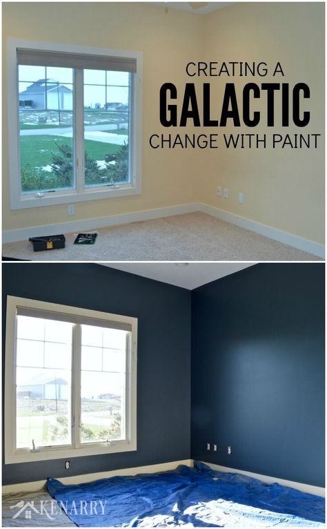 Creating an outer space boys bedroom starts with a huge galactic change in paint color. The walls were transformed from pale yellow with outerspace paint from Sherwin-Williams. Space Boys Bedroom, Boys Space Room, Boys Space Bedroom, Boys Room Colors, Outer Space Room, Outer Space Bedroom, Galaxy Bedroom, Boy Room Paint, Galaxy Room