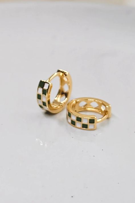 Checkered Jewelry, Checkered Earrings, Cute Trinkets, Green Checkered, Checkered Print, Checker Print, Diamond Print, Huggie Earrings, Summer Accessories