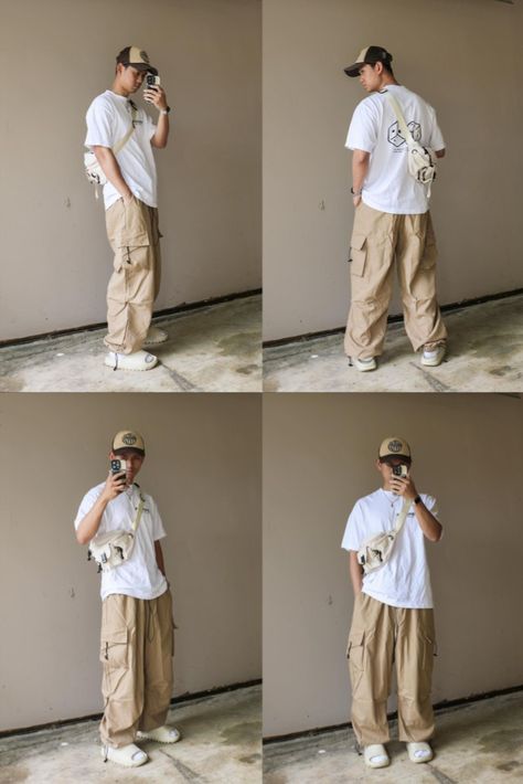 Cream Streetwear Outfit Men, Streetwear Khaki Pants Outfit, Oversized Cargo Pants Outfit Men, Light Cream Pants Outfit, Parachute Cargo Pants Men, Cream Cargos Men, Beige Baggy Cargo Pants Outfit, Cream Sneakers Outfit Men, Cream Cargos Outfits Men