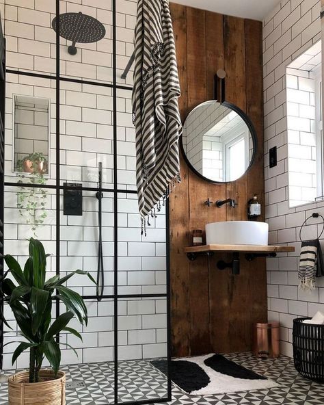 White Subway Tile Black Grout | Black Shower Bathroom Hardware Faucets | Rustic Wood Bathroom Elements Industrial Bathroom Design, Scandinavian Bathroom, Bad Inspiration, Wood Bathroom, White Tiles, White Bathroom, Shower Room, Cheap Home Decor, Bathroom Makeover