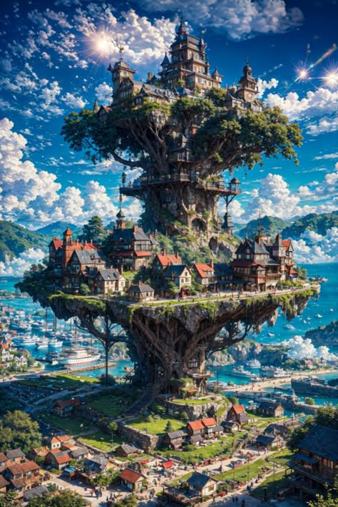 Sky Islands Fantasy Art, Fantasy Island City, Fantasy City Map, Fantasy Worlds, Landscape Background, Fantasy City, Fantasy Castle, Fantasy Places, Cool Wallpapers Art