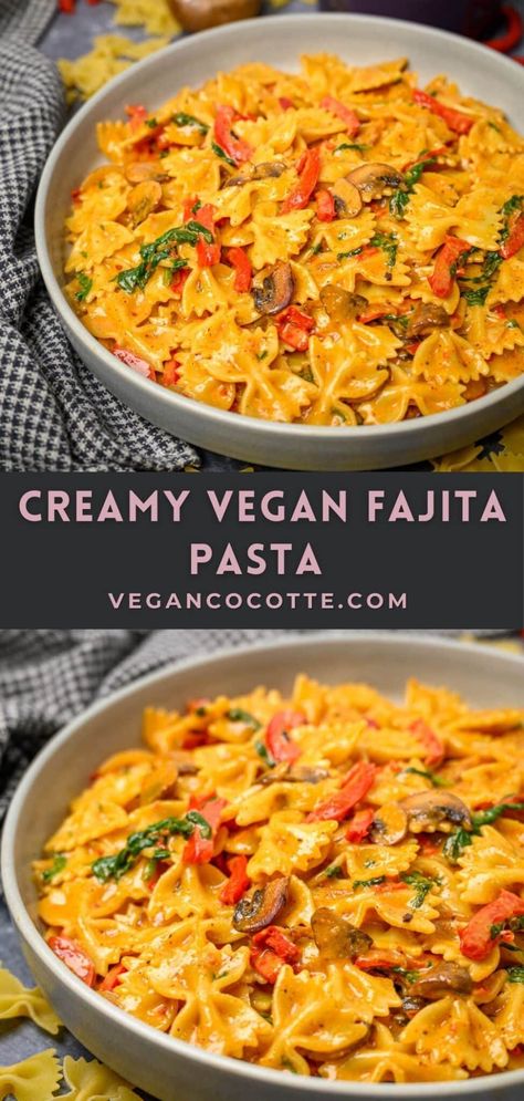 Creamy Vegan Fajita Pasta Vegan Pasta Pasta, Vegan Sides Dishes, Easy Vegan Dinner Ideas, Vegan Fajita, Vegetarische Diners, Fajita Pasta, Creamy Vegan Pasta, Rasta Pasta, Vegan Pasta Dish