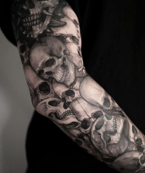 Background Filler Tattoo Ideas, Men Skull Tattoos, Cathedral Hand Tattoo, Skull Arm Tattoos For Women, Mens Shoulder Tattoos, Full Black Tattoo, Skull Tattoos Men, Skull Tattoo Arm, Realistic Skull Tattoo Design