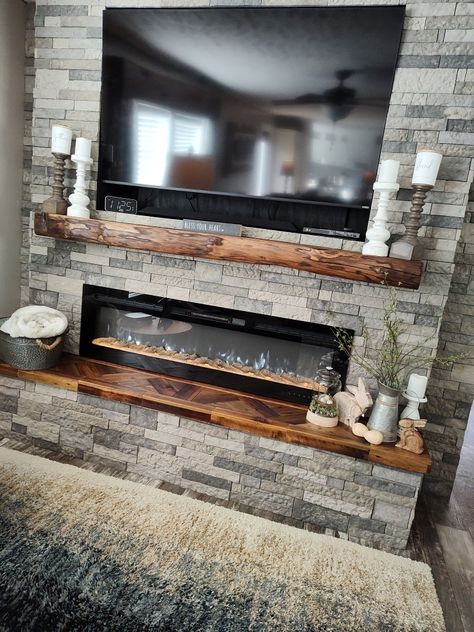 Stone Fireplace With Tv, Barn Wood Mantle, Fireplace Hearth Stone, Fireplace With Tv, Stone Fireplace Wall, Hearth Stone, Built In Electric Fireplace, Electric Fireplace Wall, Wood Mantle