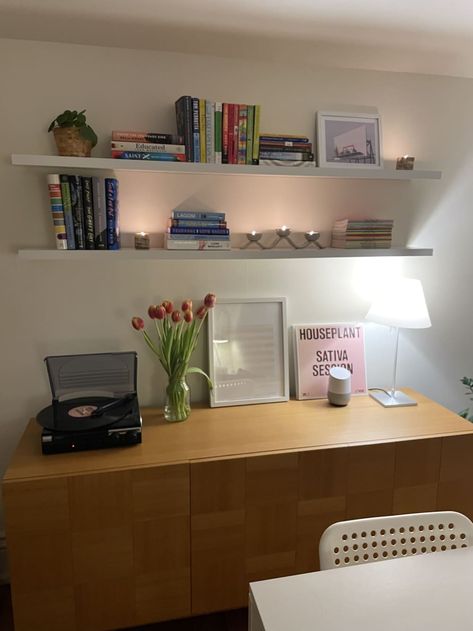 White Floating Shelves Above Sideboard, Floating Wooden Shelf, Book Shelves Over Desk, Book Shelf Over Desk, Desk And Shelves In Bedroom, Shelves On Top Of Desk, Shelves Above Desk In Bedroom, Bedroom With Shelves On Wall, Floating Bookshelves Above Bed