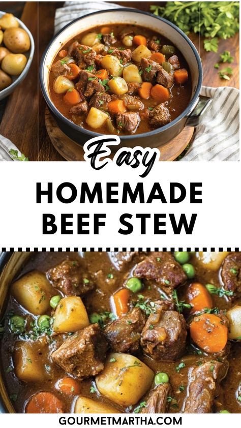 This cozy, hearty homemade beef stew is packed with tender beef, flavorful vegetables, and rich, savory broth. Perfect for chilly evenings, this one-pot meal is easy to make and will fill your home with comforting aromas. Get inspired in the kitchen – grab the recipe now #homemadestew #beefstewrecipe #easydinnerideas #comfortfood #fallrecipes #onepotmeals #beefrecipe #heartymeals #stew Beef Stew Over Biscuits, Easy Homemade Beef Stew, Beef Carrots And Potatoes, Stewing Beef, Beef Stew Stove Top, Homemade Beef Stew Recipes, Beef Stew Meat Recipes, Beef Stew Recipes, Crockpot Recipes Beef Stew