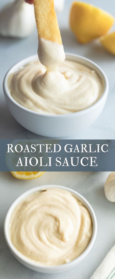 Serve Roasted Garlic Aioli with as a dipping sauce, drizzled over burgers and steaks, or with seafood. #garlic #aioli Healthy Garlic Aioli, Roasted Garlic Aioli Recipe, Steak Aioli Sauce, Garlic Aioli Burger, How To Use Roasted Garlic, Recipes Using Roasted Garlic, Garlic Aoli Recipe For Steak, Roasted Garlic Uses, Recipes With Roasted Garlic