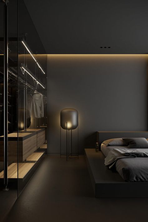 Dark Decor With Alluring Lighting Dark Interior Design, Black Bedroom Design, Bedroom Setup, Black Bedroom, Dark Interiors, Bedroom Paint Colors, Modern Bedroom Design, Dream House Interior, Modern Bed