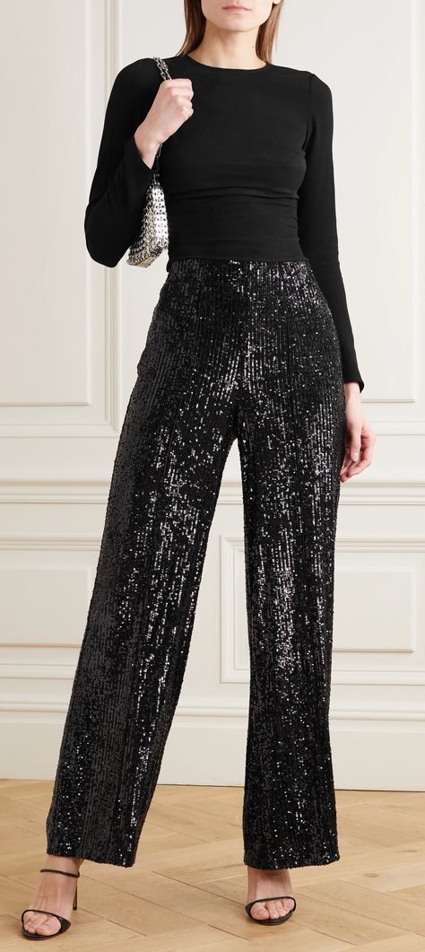 Black Glitter Pants Outfit, Black Sequin Pants Outfit, Glitter Pants Outfit, Sequin Trousers Outfits, Sequence Outfits, Sequins Pants Outfit, Sequin Babydoll Dress, Reformation Top, Black Sequin Pants