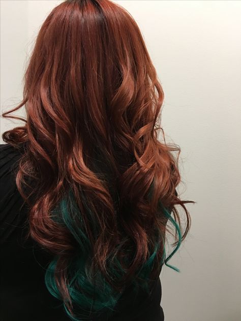 Auburn And Teal Hair, Copper And Vivid Hair, Auburn And Green Hair, Auburn Hair With Blue Highlights, Ginger Hair With Blue Streaks, Ginger Hair With Green Highlights, Blue Highlights In Red Hair, Natural Red Hair With Peekaboo Color, Natural Red Hair With Vivid Colors