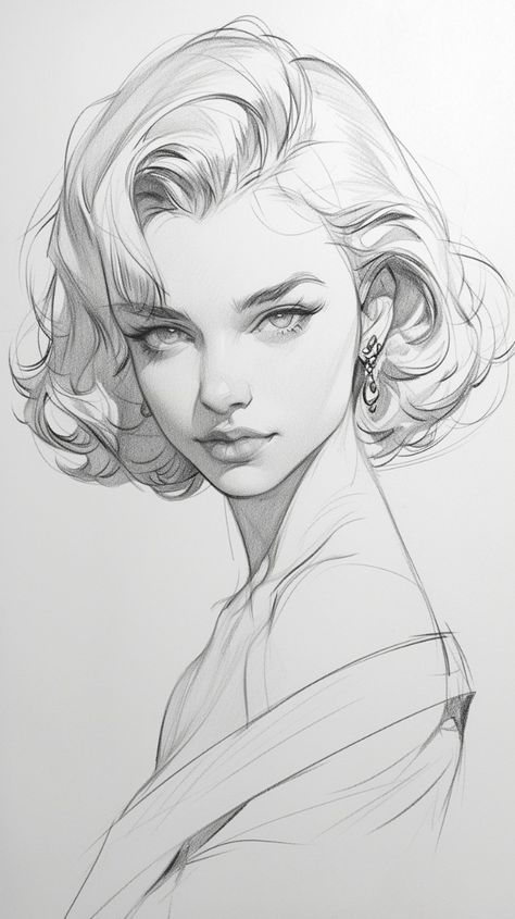 Drawing A Face Looking Up, Face Looking Up Drawing Reference, Face Drawing Looking Up, Female Pencil Sketch, Pencil Sketch Reference, Women Face Drawing Reference, Classic Drawing Sketch, Wavy Short Hair Drawing, Female Faces Reference