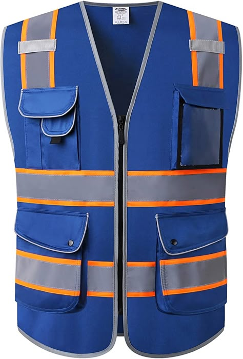 JKSafety 9 Pockets High Visibility Zipper Front MESH Blue Safety Vest | Blue with Dual Tone High Reflective Strips | ANSI/ISEA Standards (100-Mesh-Blue, 3X-Large) - - AmazonSmile Work Overalls, Clothing Pattern Design, Reflective Vest, Safety Vest, Safety Clothing, Vest Designs, Front Zipper, Clothing Patterns, Mesh