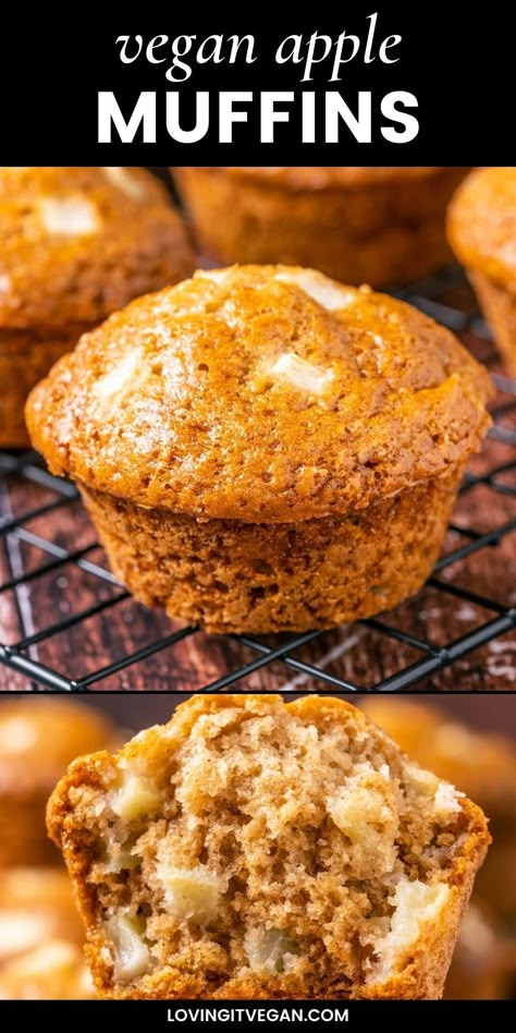 These vegan apple muffins are soft, fluffy, moist and loaded with chunks of fresh apple. Perfect for breakfast or dessert. Vegan Apple Dessert Recipes, Vegan Apple Muffins, Snacks For A Party, Vegan Recipes For One, Apple Muffin, Healthy Substitutes, Vegan Fall Recipes, Apple Pie Bread, Vegan Comfort Food Recipes