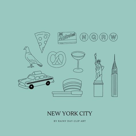 Nyc Drawing, New York Drawing, Pizza Tattoo, New York Illustration, Ny Subway, Hawaii Tattoos, Nyc Landmarks, Line Illustrations, Cute Simple Tattoos