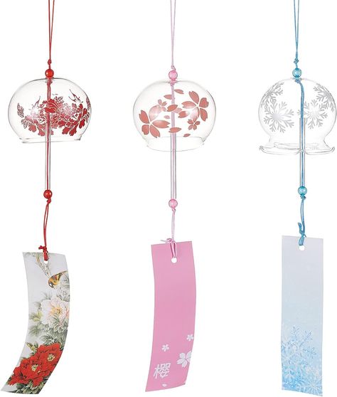 BENECREAT 3PCS Japanese Wind Chimes Pink Cherry/Red/Blue Glass Wind Bells Handmade Pendants for Birthday Gift and Home Decors Japan Wind Chimes, Japanese Pendant, Japan Honeymoon, Wind Bells, Japanese Wind Chimes, Japanese Items, Koi Art, Birthday Aesthetic, Learn Japanese Words