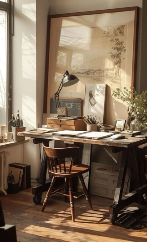 Vintage Library Office, Writers Apartment, Vintage Desk Aesthetic, Books On Desk, Desk Vignette, Vintage Desk Setup, Writer Room, Vintage Office Aesthetic, Writer Desk