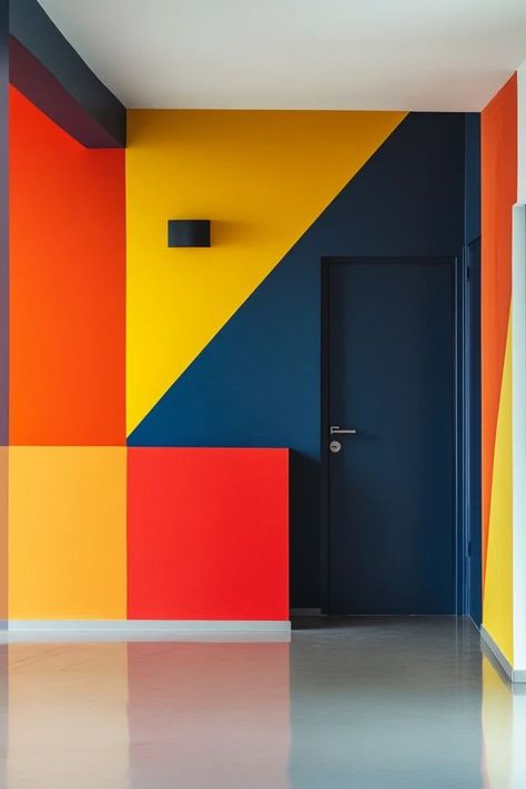 "Elevate your home decor with a Bold Color-Blocked Wall! 🎨🖌️ This trend brings a modern and artistic flair to any room, making it truly stand out. 🌟✨ #ColorBlocking #WallDecor #InteriorTrends" Geometric Painted Accent Wall, Color Block Wall, Color Blocking Design, Colorful Walls, Painted Mural, Home Recording Studio Setup, Recording Studio Setup, Colorful Homes, Cal Poly