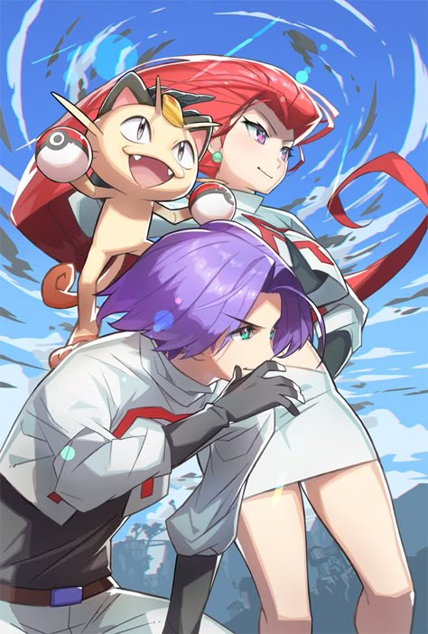 Jessie, James, and Meowth by Saitou Naoki Equipe Rocket Pokemon, James Pokemon, All Out Anime, Rocket Art, Pokemon Team Rocket, Gijinka Pokemon, Anime Body, Anime W, Pokemon Trainers