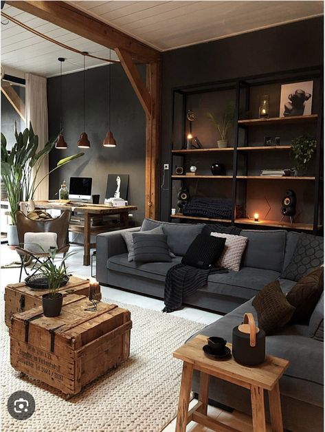 Black Wood Aesthetic Home, Living Room Black And Brown, Cozy Living Rooms Dark Wood, Black With Wood Living Room, Apartment Inspo Dark Wood, Dark Wood Aesthetic Living Room, Dark Wood Aesthetic House, Black And Wood Living Room Decor, Dark Wood Industrial Living Room