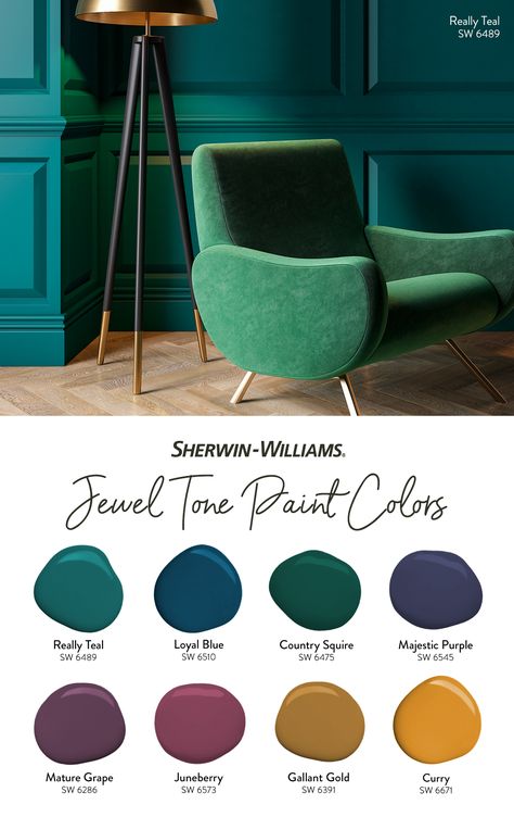 Give your walls a splash of rich, inviting warmth with a jewel toned paint color. Tap to order free color chips to get started. #sherwinwilliams #DIY #interiordesign #colorpalette #paint #jeweltones #ruby #emerald Jewel Tone Paint, Jewel Tone Paint Colors, Colors For Home, Jewel Tone Colors, Paint Colors For Home, New Wall, My New Room, Room Colors, Paint Color