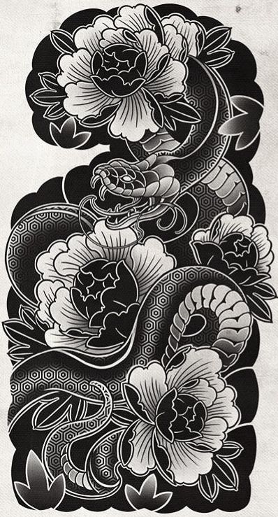 Japanese Tattoo Sleeve Stencil, Japanese Sleeve Tattoos Design, Japanese Nature Tattoo Sleeve, Black Out Japanese Sleeve Tattoo, Japanese Small Tattoo Men, Black And White Irezumi, Japanese Black Work Tattoo, Japanese Traditional Tattoo Back Piece, Black And White Half Sleeve Tattoo Women