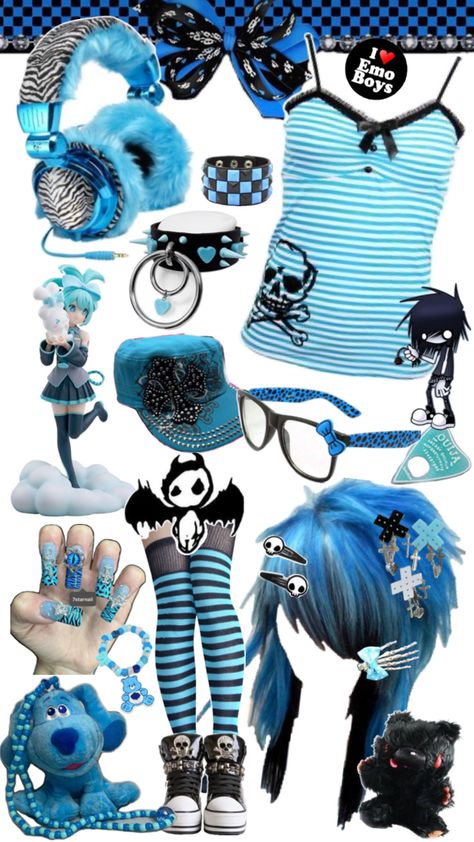 alternative blue scene emo outfit clothing collage Scene Kid Art, Emo Scene Outfits, Scene Clothing, Scene Kandi, Silly Clothes, Scene Core, Scene Queens, Scene Outfits, Scene Girls