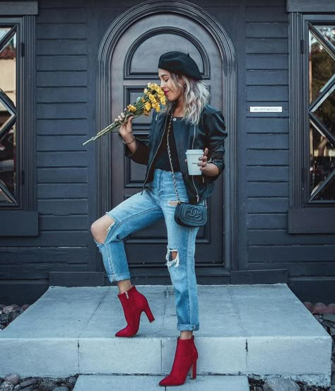 Fall/ Autumn Lookbook Video - Frank Vinyl Fashion Blogger Red Booties Outfit, Red Boots Outfit, Red Shoes Outfit, Autumn Lookbook, Winter Womens Fashion, Vinyl Fashion, Looks Jeans, Booties Outfit, Outfit Jeans