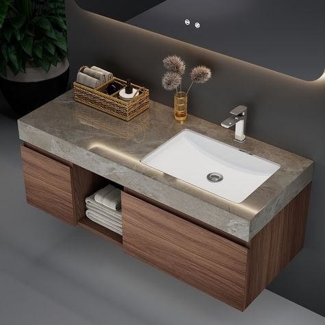 47.6 Single Bathroom faux marble Vanity with Top - On Sale - Bed Bath & Beyond - 40525856 Hanging Bathroom Cabinet, Townhouse Bathroom, Floating Vanity Bathroom, Floating Vanities, Bathroom Upstairs, Wall Mount Vanity, Stone Vanity, Mid Century Modern Bathroom, Mirror Backsplash