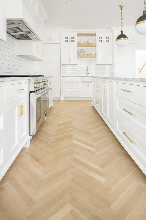 Herringbone Floors, White Shaker Kitchen Cabinets, Herringbone Flooring, Wood Floor Design, English Farmhouse, White Shaker Kitchen, Herringbone Wood Floor, Herringbone Wood, Refacing Kitchen Cabinets