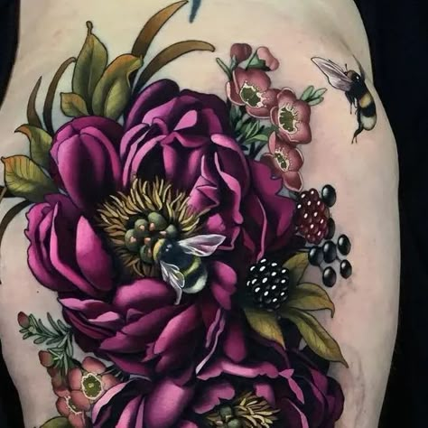 Burgundy Flower Tattoo, Dark Flower Cover Up Tattoo, Cover Up Dark Tattoos, Neotraditional Back Piece, Chest Tattoo Floral, Neotraditional Flower Tattoo, Dark Flower Tattoo, Gothic Floral Tattoo, Monochromatic Tattoo