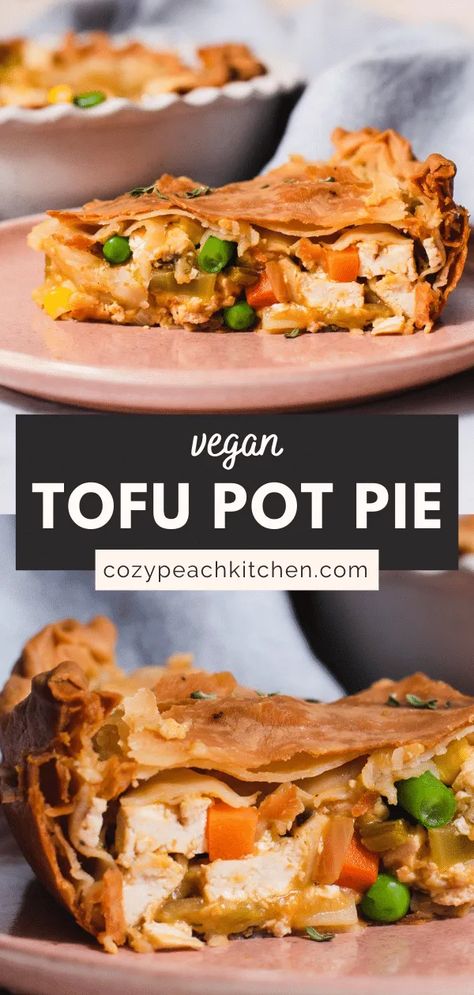 This savory vegan pot pie is a great vegan comfort food recipe that everyone will love! The savory pie filling is easy to make and filled with healthy tofu and veggies. #comfortfood #fallrecipes #vegan #piecrust #vegetarian #tofurecipes #tofu Tofu Pie Recipes, Savory Pie Filling, Tofu Pot Pie, Cheddar Puff Pastry, Vegan Chicken Pot Pie, Vegan Pot Pie, Gouda Mac And Cheese, Tofu And Veggies, Easy Tofu