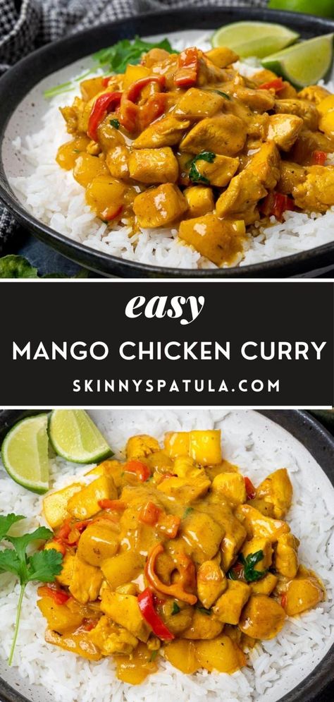 Mango Curry Chicken Crock Pot, Mango Chicken Coconut Curry, Mild Curry Chicken Recipes, Chicken With Mango Chutney, Mango Chicken Curry With Coconut Rice, Mango Coconut Chicken, Slow Cooker Mango Chicken Curry, Chicken Curries Recipes, Mango Chicken Recipes Easy