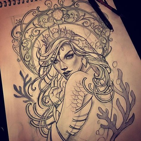 Mermaid Portrait Tattoo, Amphitrite Tattoo, Color Back Tattoo, Neo Traditional Mermaid, Capricorn Mermaid Tattoo, Underwater Sleeve, Tattoos Of Women, Portraits Tattoo, Tattoo Dos