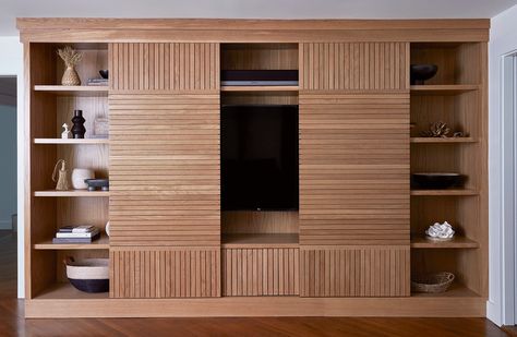 Hidden Tv Entertainment Center, Hidden Tv Media Wall, Hiden Tv Wall, Inbuilt Tv Cabinet, Hidden Tv Sliding Panel, Hidden Tv In Cabinet, Tv Cabinet Door, Tv Hiding Ideas Living Rooms, Hiding Tv In Bookcase