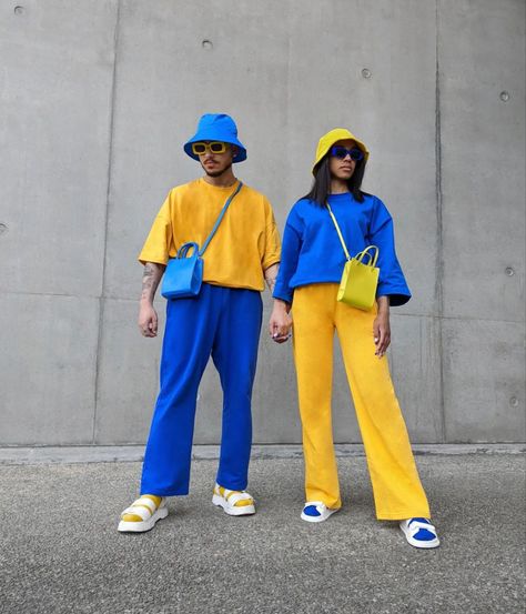 Bold Color Combos, Colorblock Outfits Men, Color Wheel Outfits, Color Blocking Outfits Street Style, Vibrant Color Outfit, Colorful Fashion Men, Bright Yellow Outfit, Yellow Blue Outfit, Complementary Colors Fashion